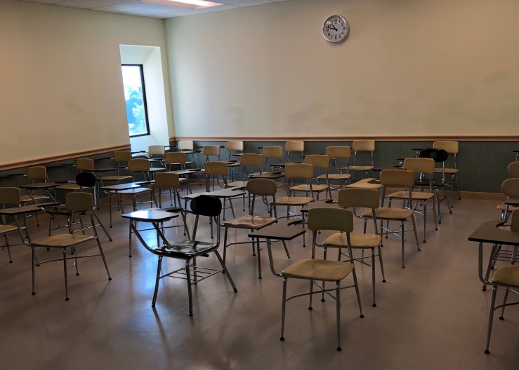 Desks in an empty classroom
