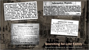 Slide: Searching for Lost Family. Four newspaper advertisements from 1865 and 1866.