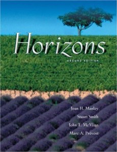 The cover of the second edition of the textbook "Horizons," showing regular rows of crops in farm fields, with a single tree framed against blue sky above them.